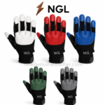 Single leather safety gloves view with white knuckle panel, black textile back, white fingertips and NGL wrist logo