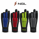 Blue wholesale fingerless work gloves with perforated mesh and NGL cuff branding