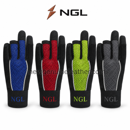 Blue wholesale fingerless work gloves with perforated mesh and NGL cuff branding