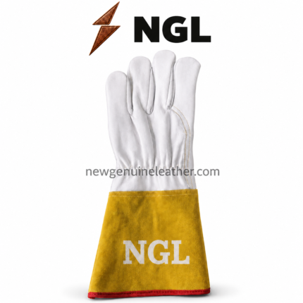Goat welding gloves in white, mustard yellow and red with centered NGL cuff logo