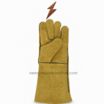 Yellow welding gloves with long protective cuffs and natural split-leather texture from newgenuineleather.com