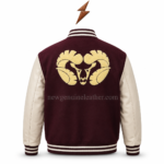 Maroon varsity jacket with cream leather sleeves, chenille P patch, and front embroidery
