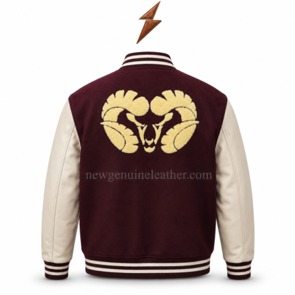 Maroon varsity jacket with cream leather sleeves, chenille P patch, and front embroidery
