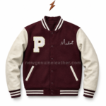 wholesale Two-tone maroon and cream varsity jacket with ribbed collar cuffs and hem