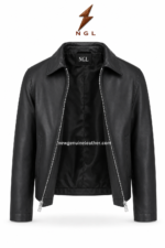 Open black matte leather jackets showing dark lining, silver zipper and NGL inner-collar logo by newgenuineleather.com