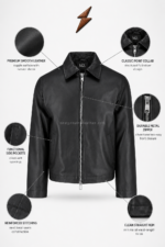Black matte leather jackets rear view with central seam, shaped shoulders and smooth panel construction by newgenuineleather.com