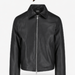 Black matte leather jackets specification image highlighting collar, silver zipper, pockets and seams by newgenuineleather.com