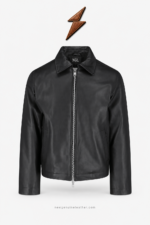 Black matte leather jackets specification image highlighting collar, silver zipper, pockets and seams by newgenuineleather.com