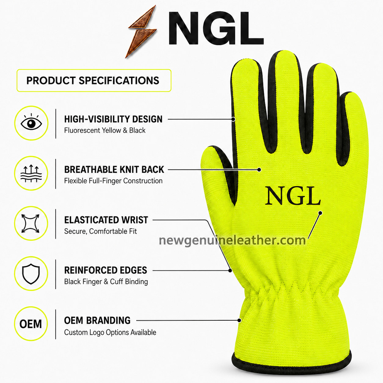 Mechanic Gloves genuine leather – Single Right-Hand View Mechanic Gloves in fluorescent yellow and black with contrasting fingertips, stitched panels and black NGL