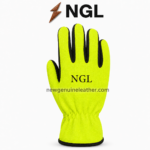 Mechanic Gloves specifications showing black fingertips, textured yellow fabric, stitched thumb and elastic wrist