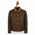 Men’s Brown Leather Jacket with cream shearling collar and NGL label