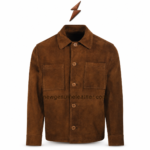 Men’s Suede Jacket back view with brown embossed panels and shoulder stitching