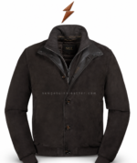 Brown men’s jacket back view with shoulder yoke and central panel stitching