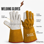 Split leather welding gloves with mustard suede back, elastic wrist, stitching, and white NGL print