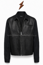 NEW GENUINE LEATHER Men’s Black Leather Jacket with matte chest logo