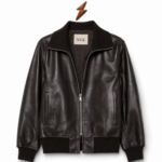 Men’s Bomber Jacket half-open with brown leather panels and NGL collar branding