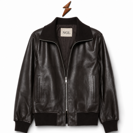 Men’s Bomber Jacket half-open with brown leather panels and NGL collar branding