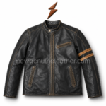 Wholesale black cafe racer jacket with double tan sleeve stripe detail
