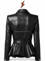 Black leather peplum jacket inner view with NGL collar branding