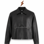 Open black leather trucker jacket with dark lining and NGL collar label