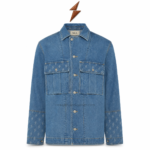 NGL Mens denim jacket two-button-open pose with custom logo texture