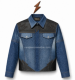 Blue denim jacket featuring lightning stitching and dual snap chest pockets