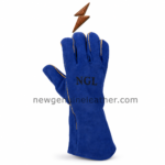 Blue welding gloves with individual finger panels, shaped thumb, yellow piping and centered NGL screen-print logo