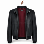 Black bomber jacket with burgundy lining and realistic NGL collar branding