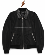 NGL bomber jackets front view with black body, leather-style collar, covered zipper and symmetrical utility pockets