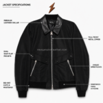 NGL bomber jackets specification image showing black collar, covered zipper, chest zip pockets and lower flap pockets