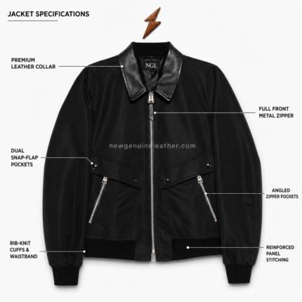 NGL bomber jackets specification image showing black collar, covered zipper, chest zip pockets and lower flap pockets