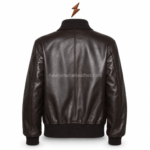 Dark-brown leather bomber with silver zipper, welt pockets, and NGL logo placement