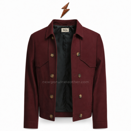 NEW GENUINE LEATHER Double Breasted Jacket with pointed collar and storm flaps