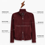 Burgundy Suede Jacket with NGL collar label, raglan seams and two-way zipper by NEW GENUINE LEATHER