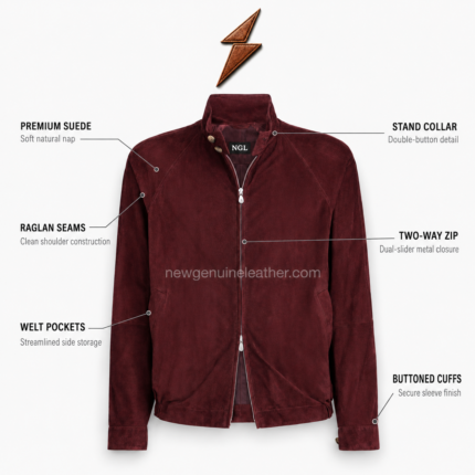 Burgundy Suede Jacket with NGL collar label, raglan seams and two-way zipper by NEW GENUINE LEATHER