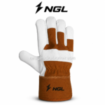 CANADIAN GLOVES featuring white leather finger caps, a broad leather back strip and a tan elasticated safety cuff.