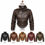 Wholesale cropped leather jacket with ruched long sleeves and OEM branding options