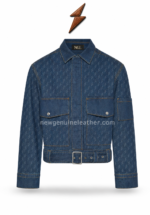 Custom denim jacket close-up showing tonal logo pattern and contrast stitching