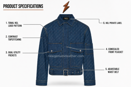 Custom denim jacket back view with NGL label and repeating logo texture