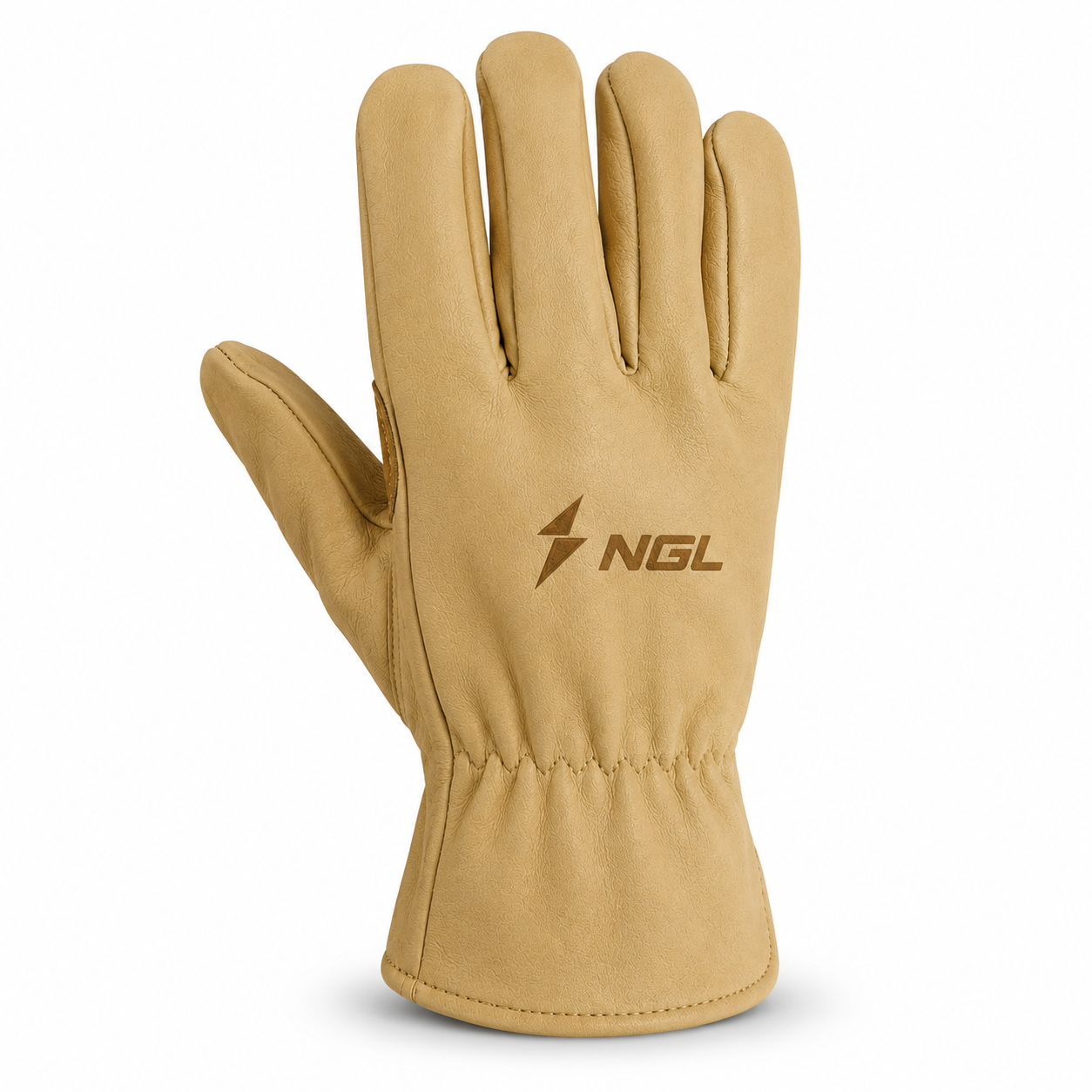 NGL Driving Gloves with Reinforced Leather Palm NGL Driving Gloves showing smooth tan leather, curved suede palm reinforcement, precision stitching and elastic wrist construction.