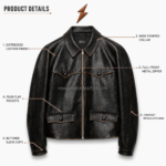 Leather Field Jacket open pose with black lining, four-pocket panels, and NGL branding