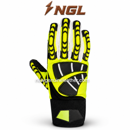 HIGH VISIBILITY WORK GLOVES in neon yellow and black with reinforced thumb protection, white finger panels and cuff branding patch.