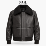 NGL JACKET back view showing black leather panels, shoulder seams, cream collar and ribbed lower waistband