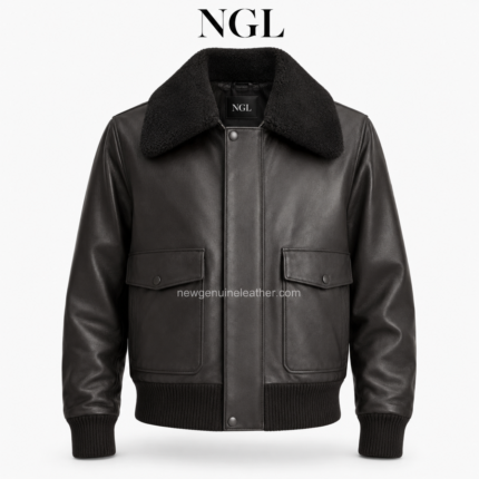NGL JACKET back view showing black leather panels, shoulder seams, cream collar and ribbed lower waistband