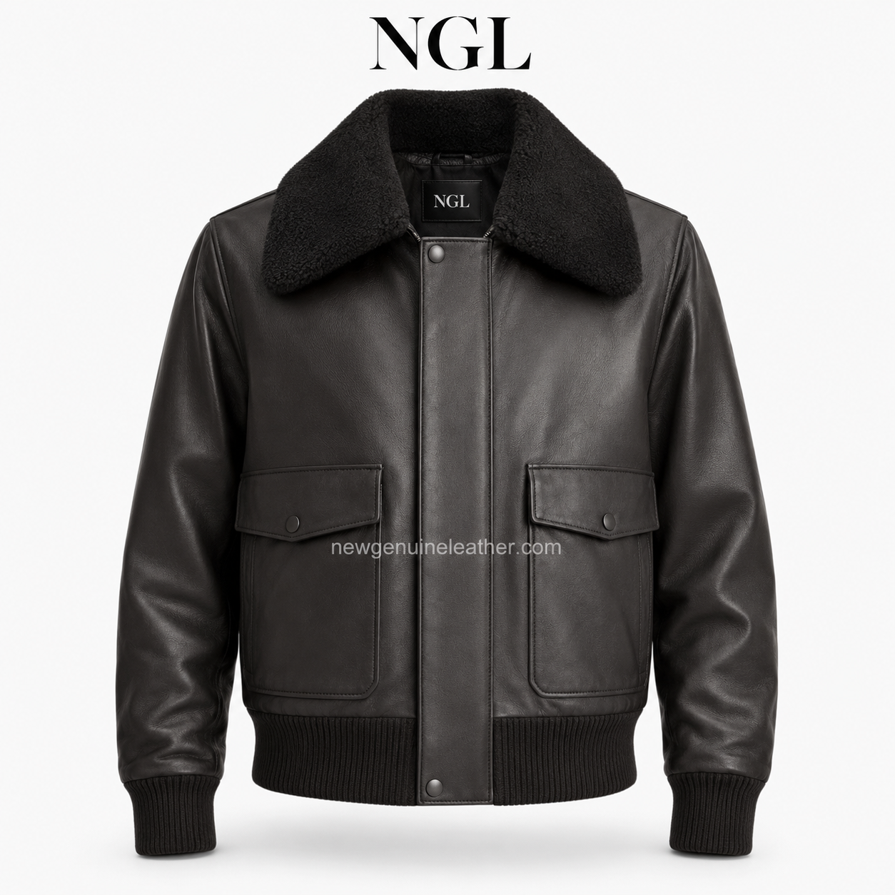 NGL JACKET Black Bomber Front | newgenuineleather.com NGL JACKET back view showing black leather panels, shoulder seams, cream collar and ribbed lower waistband