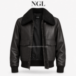 NGL JACKET specification image featuring black leather, cream collar, front pockets and rib-knitted trims