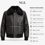 NGL JACKET front view in black leather with cream shearling collar, ribbed waistband and centered NGL