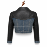 Leather denim jacket inner view with black lining and NGL collar label