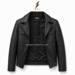 NGL leather jackets black front pose with four pockets, wide lapels, tonal stitching and centered collar