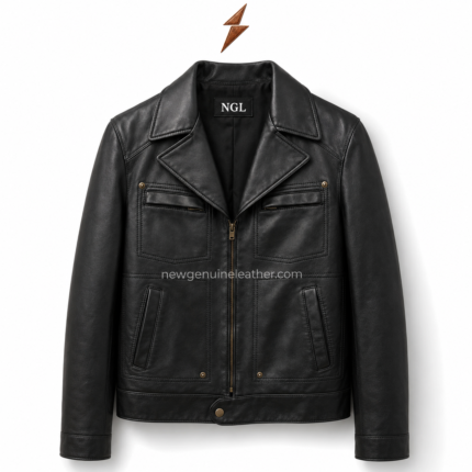 NGL leather jackets specification image with four pockets, central zipper and antique-brass hardware